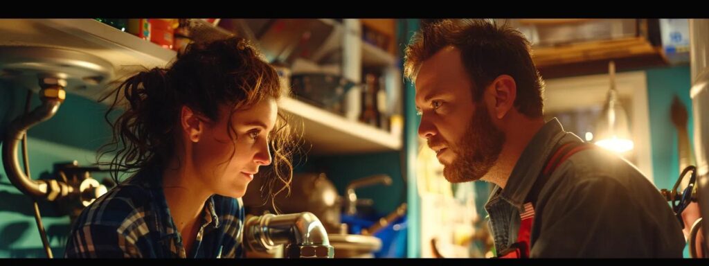 a close-up shot of a budget-conscious homeowner discussing plumbing repairs with a friendly local plumber, surrounded by tools and vibrant plumbing fixtures, illuminated by warm, natural light to create an inviting atmosphere.