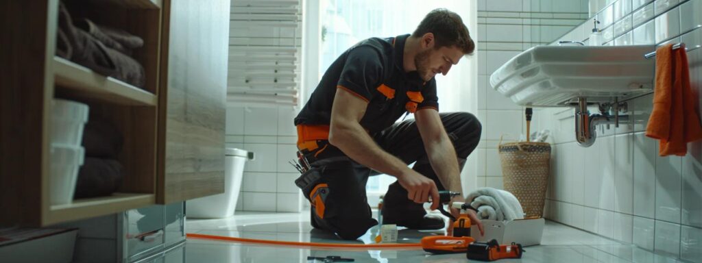 a dependable plumber in uniform, confidently assessing a burst pipe in a well-lit, modern bathroom, surrounded by essential tools, conveying urgency and professionalism in the midst of a plumbing crisis.