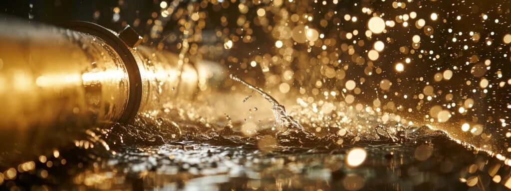 a dramatic close-up of a burst pipe spraying water in an urban home, illuminated by flickering emergency lights, showcasing the urgency and chaos of a plumbing emergency.