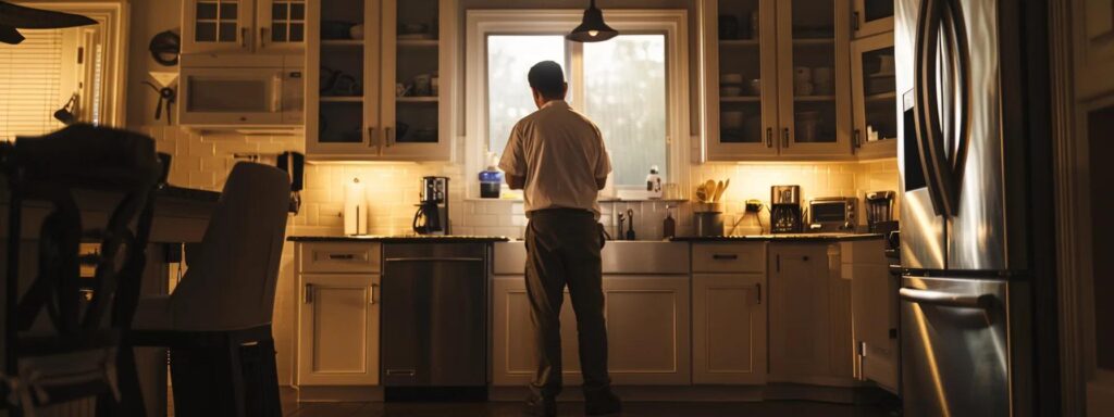 a serene home setting illuminated by warm, inviting light, showcasing a confident plumber efficiently resolving a plumbing emergency, symbolizing peace of mind and professionalism in urgent situations.