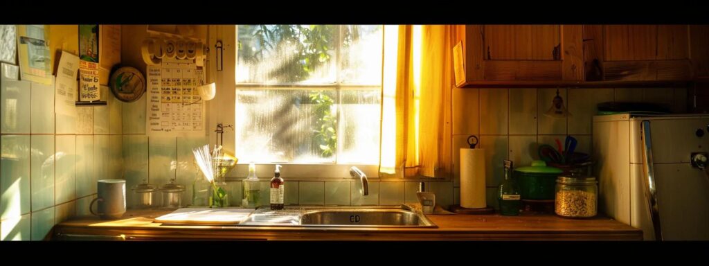 a well-organized emergency plumbing phone list pinned to a bright, inviting kitchen wall, illuminated by warm sunlight streaming through a nearby window, signifies readiness for unforeseen plumbing crises.