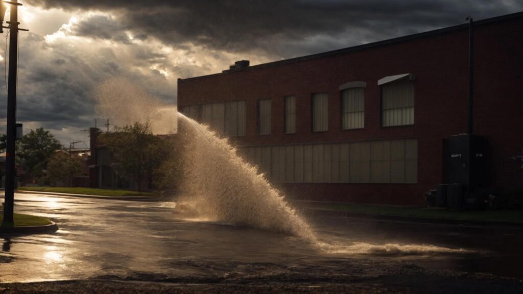a powerful burst of water from a vintage brass fire hydrant glistens in the sunlight, surrounded by a dramatic contrast of dark storm clouds, symbolizing the reliability of emergency plumbing services.